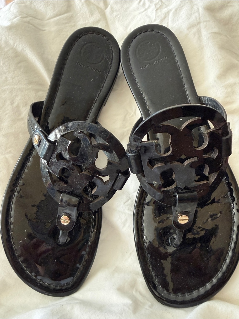 Tory Burch Black Patent Leather Logo Thong Sandals